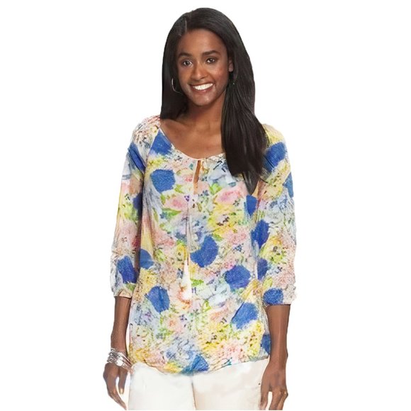 Chaps Tassel Pleated Peasant Tunic Top Belize S - Picture 2 of 10